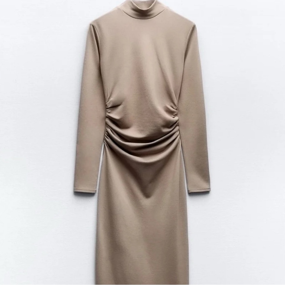 Zara Tan Ruched Dress with Mock Neck